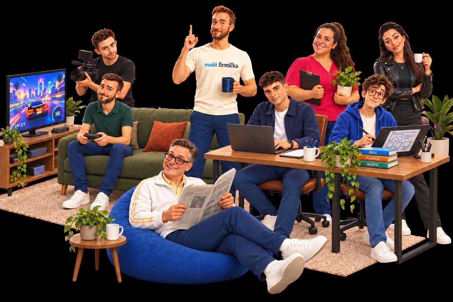 Jiri u hry, Rafael s kamerou, Martin s nápadem, Tadeas u notebooku, Max s novinami, Jan s grafickým tabletem, Tereza a Jarina v kanceláři