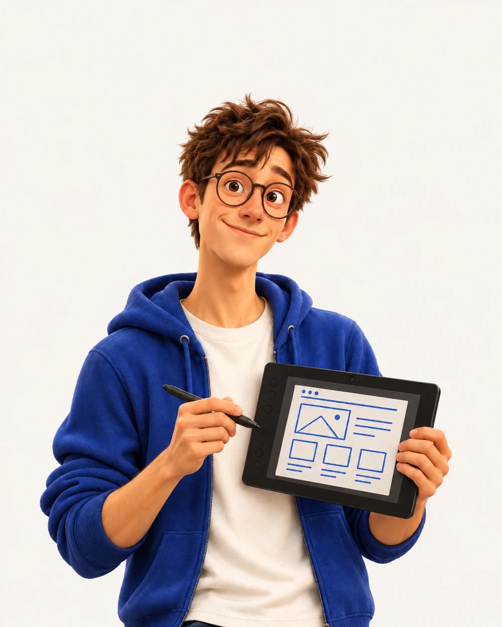3D ilustrace: Jan v brýlích s grafickým tabletem a stylusem