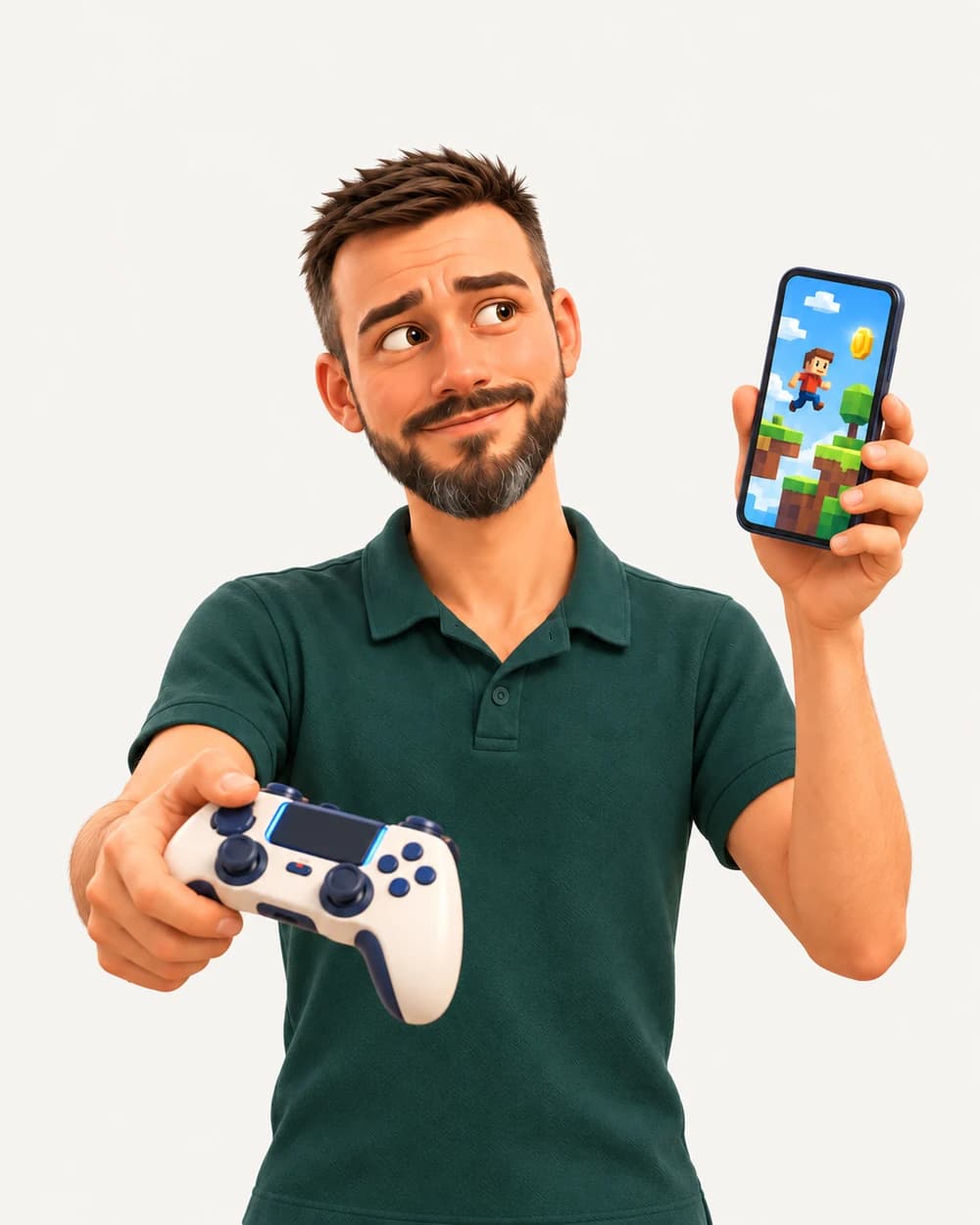 3D ilustrace: Jiri s herním ovladačem a mobilní hrou