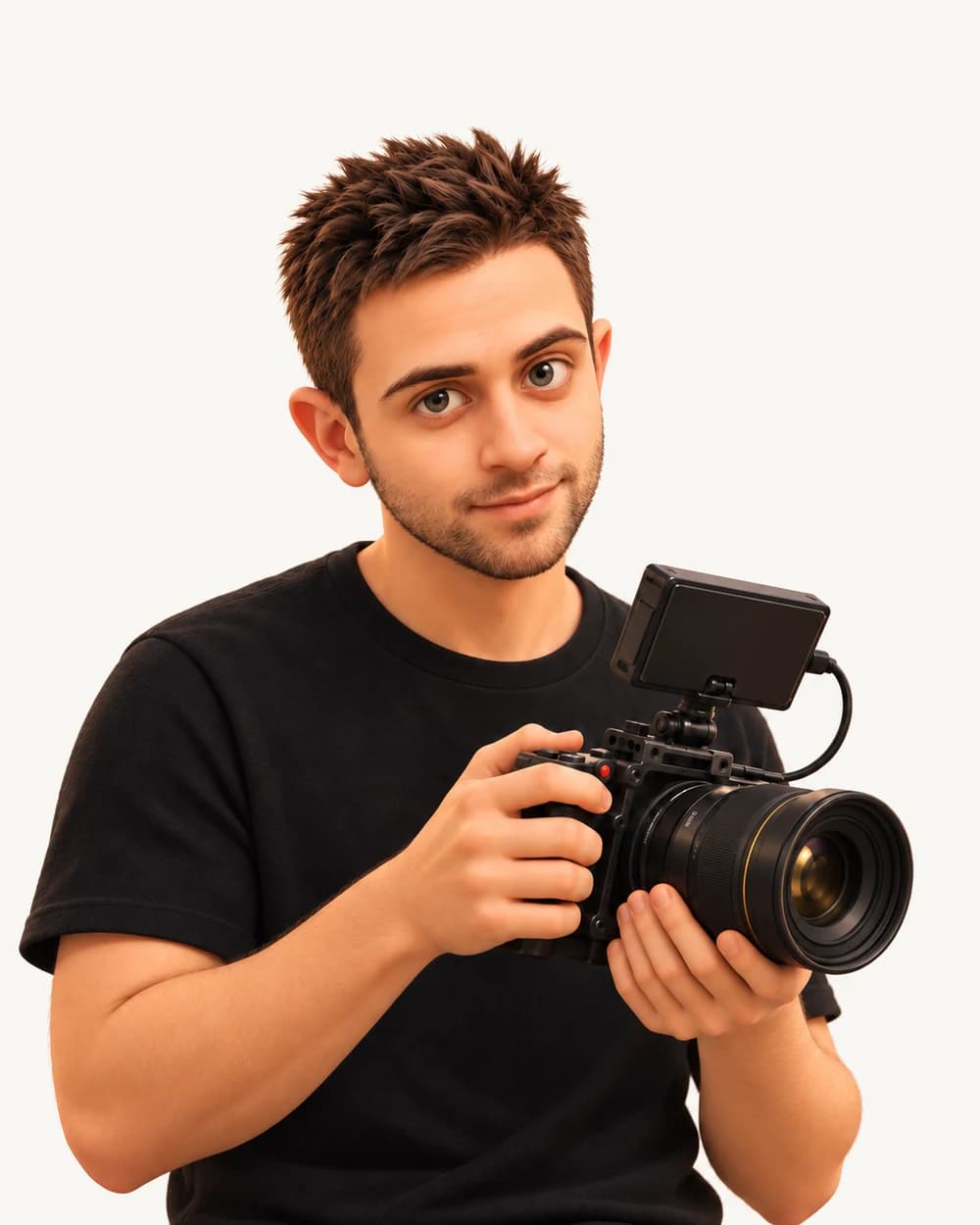 3D ilustrace: Rafael drží kameru s objektivem a monitorem